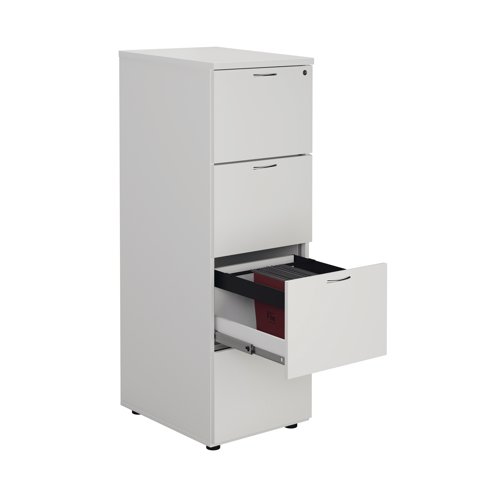 Designed for foolscap suspension files, this First 4 Drawer Filing Cabinet provides a sturdy and robust filing solution. The robust frame has a stylish white finish and anti-tilt technology for secure filing. The 4 drawers are lockable for storing confidential files and have a capacity of 25kg each. This filing cabinet measures W465 x D600 x H1365mm and complements office furniture from both the First and First ranges.