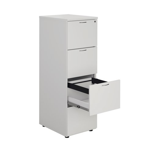 Designed for foolscap suspension files, this First 4 Drawer Filing Cabinet provides a sturdy and robust filing solution. The robust frame has a stylish white finish and anti-tilt technology for secure filing. The 4 drawers are lockable for storing confidential files and have a capacity of 25kg each. This filing cabinet measures W465 x D600 x H1365mm and complements office furniture from both the First and First ranges.