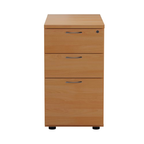 Offering a convenient and flexible place to store documents, papers and stationery, this beech-finish, desk high pedestal can fit conveniently next to your desk to provide additional work space. The pedestal features 2 box drawers and 1 filing drawer suitable for foolscap suspension filing. This pedestal measures W404 x D800 x H730mm and can be placed beside the 800mm end of a radial desk, or used with a standard desk.