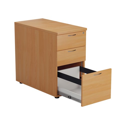 Offering a convenient and flexible place to store documents, papers and stationery, this beech-finish, desk high pedestal can fit conveniently next to your desk to provide additional work space. The pedestal features 2 box drawers and 1 filing drawer suitable for foolscap suspension filing. This pedestal measures W404 x D800 x H730mm and can be placed beside the 800mm end of a radial desk, or used with a standard desk.