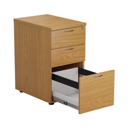 Offering a convenient and flexible place to store documents, papers and stationery, this desk high pedestal is finished in Nova Oak and can fit conveniently next to your desk to provide additional work space. The pedestal features 2 box drawers and 1 filing drawer suitable for foolscap suspension filing. This pedestal measures W404 x D800 x H730mm and can be placed beside the 800mm end of a radial desk, or used with a standard desk.
