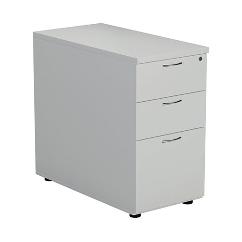 Offering a convenient and flexible place to store documents, papers and stationery, this white-finish, desk high pedestal can fit conveniently next to your desk to provide additional work space. The pedestal features 2 box drawers and 1 filing drawer suitable for foolscap suspension filing. This pedestal measures W404 x D800 x H730mm and can be placed beside the 800mm end of a radial desk, or used with a standard desk.