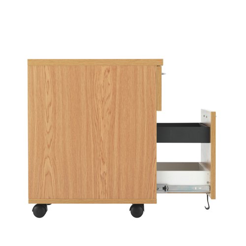 Offering some handy under-desk storage, this pedestal is lockable for security. It combines one smaller drawer for stationery and essentials with one larger drawer for filing and documents. It is on wheel castors for easy manoeuvrability.