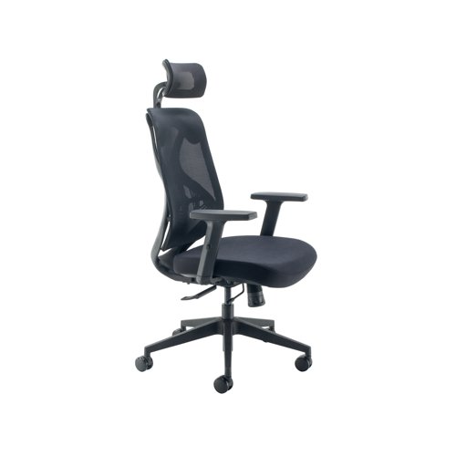 KF80304 | The Arista Stealth is an ergonomically designed high back office chair with adjustable headrest and height adjustable armrests. The office chair has an upholstered seat and mesh back for increased air flow and added comfort. Featuring synchro mechanism with tilt torsion control, seat slide and an adjustable lumbar support. Recommended usage of up to 8 hours.