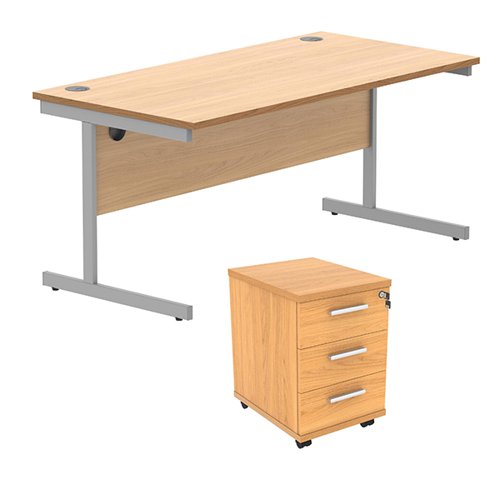 Astin Rectangular Desk 1600x800x730mm +3Drw Under Desk Pedestal Norwegian Beech/Silver KF803777