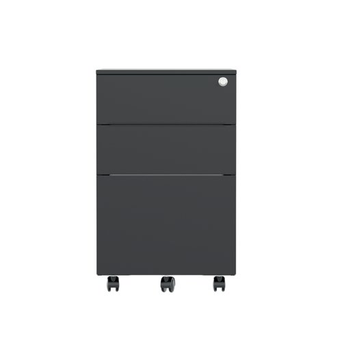 This Jemini standard steel pedestal features 2 stationery drawers and 1 filing drawer suitable for use with A4 suspension files. The tough steel carcass features an anti-tilt mechanism, allowing only 1 drawer open at a time. The drawers can be locked for additional security. This pedestal measures 380 x 470 x 615mm and comes in a black finish. Ideal for use with smaller desks or home office.