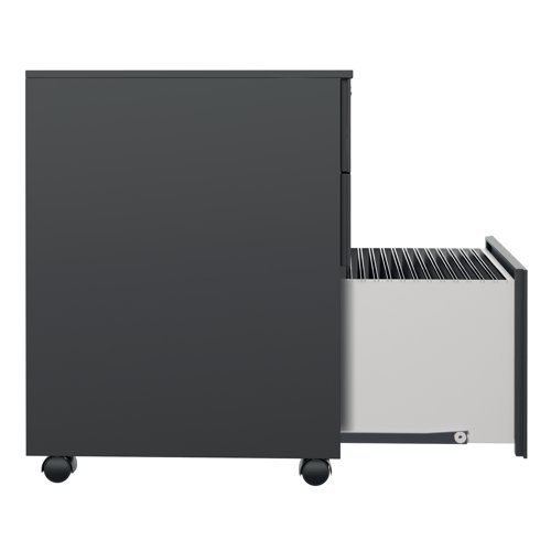 This Jemini standard steel pedestal features 2 stationery drawers and 1 filing drawer suitable for use with A4 suspension files. The tough steel carcass features an anti-tilt mechanism, allowing only 1 drawer open at a time. The drawers can be locked for additional security. This pedestal measures 380 x 470 x 615mm and comes in a black finish. Ideal for use with smaller desks or home office.