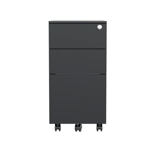 This Jemini slimline steel pedestal features 2 stationery drawers and 1 filing drawer suitable for use with A4 suspension files. The tough steel carcass features an anti-tilt mechanism, allowing only 1 drawer open at a time. The drawers can be locked for additional security. This pedestal measures 300 x 470 x 615mm and comes in a black finish. Ideal for use with smaller desks or home office.