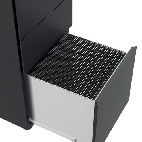 This Jemini slimline steel pedestal features 2 stationery drawers and 1 filing drawer suitable for use with A4 suspension files. The tough steel carcass features an anti-tilt mechanism, allowing only 1 drawer open at a time. The drawers can be locked for additional security. This pedestal measures 300 x 470 x 615mm and comes in a black finish. Ideal for use with smaller desks or home office.