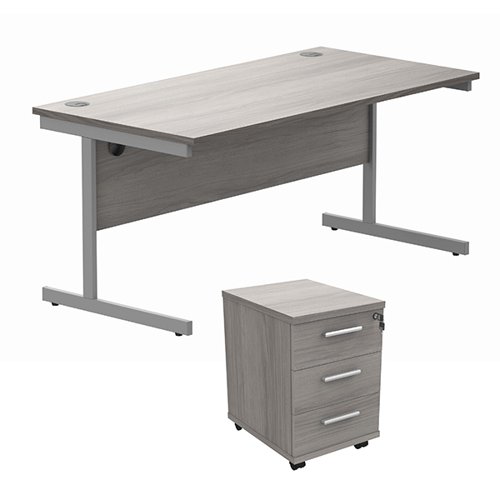 Astin Rectangular Desk +3Drw Mobile Under Desk Pedestal 1680 Alaskan Grey Oak/Silver KF803907