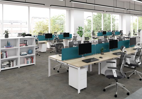 The Jemini Bench System Desking is ideal for offices where space is at a premium. Each bench desk has a tubular steel leg construction with an MFC finish floating top effect. The scalloped desktops allow for easy access to cables. Each single person desk measures 1400x1600x730mm.