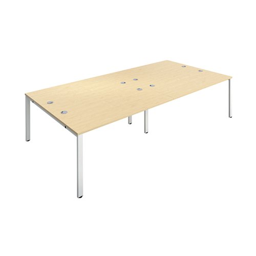 The Jemini Bench System Desking is ideal for offices where space is at a premium. Each bench desk has a tubular steel leg construction with an MFC finish floating top effect. The scalloped desktops allow for easy access to cables. Each bench desk measures 2800x1600x730mm.