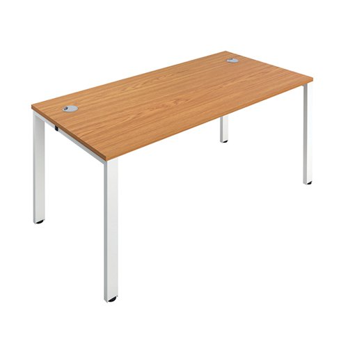 The Jemini Bench System Desking is ideal for offices where space is at a premium. Each bench desk has a tubular steel leg construction with an MFC finish floating top effect. The scalloped desktops allow for easy access to cables. Each bench desk measures 1600x800x730mm.
