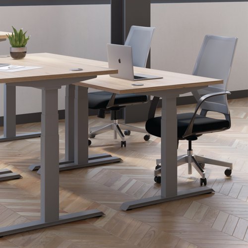 KF809821 Jemini Sit/Stand Desk with Cable Ports 1400x800x630-1290mm Grey Oak/Silver KF809821