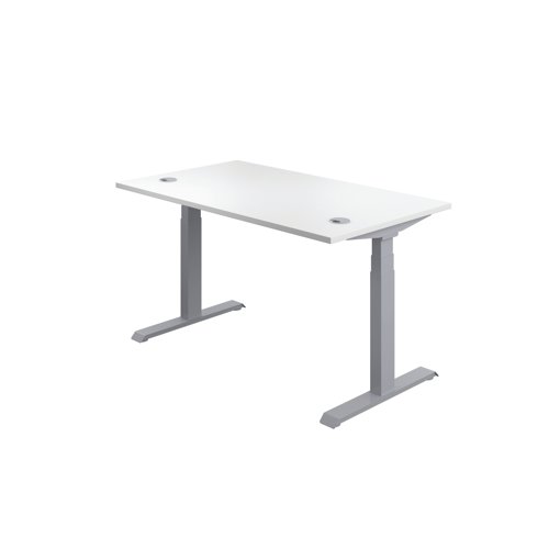 This Jemini Sit/Stand Desk features 3 stage height adjustability with a digital display and 4 pre-set buttons for an easy transition between sitting and standing. The 25mm thick desktop is mounted on sturdy cantilever legs and features dual cable management ports. This desk measures 1600x800x630-1290mm and comes with silver legs.