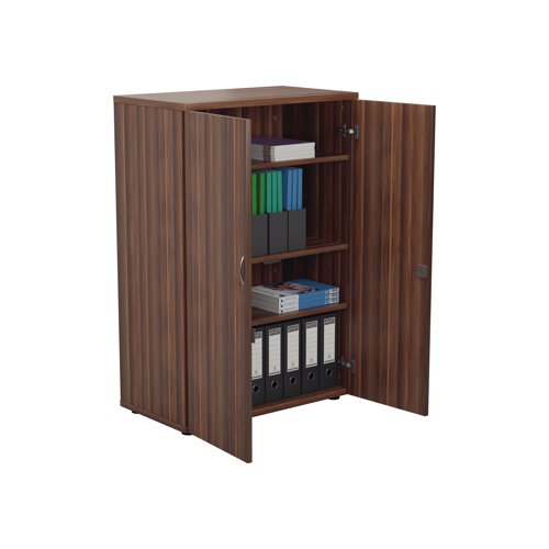 This Jemini Cupboard provides a convenient storage solution for organised office filing. Complete with three shelves, this cupboard is suitable for filing and storing lever arch and box files and includes two lockable doors. The cupboard measures W800 x D450 x H1200mm and comes in a dark walnut finish to complement the Jemini furniture range.