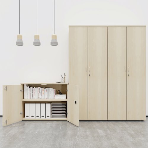 This Jemini Cupboard provides a convenient storage solution for organised office filing. Complete with three shelves, this cupboard is suitable for filing and storing lever arch and box files and includes two lockable doors. The cupboard measures W800 x D450 x H1200mm and comes in a nova oak finish to complement the Jemini furniture range.