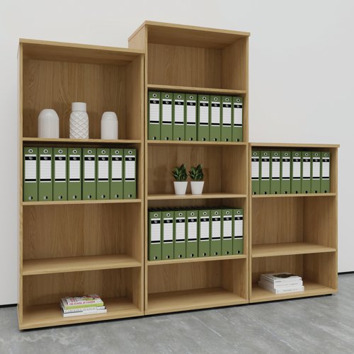 This Jemini Bookcase provides a convenient storage solution for organised office filing. Complete with four shelves, this bookcase is suitable for filing and storing lever arch and box files. The bookcase measures 800x450x1600mm and comes in a nova oak finish to complement the Jemini furniture range.
