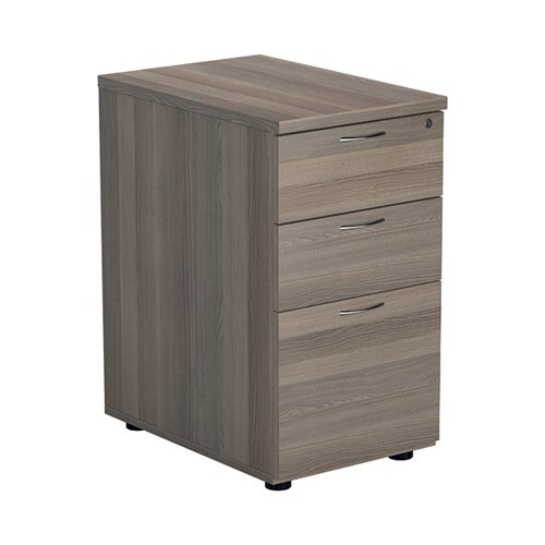 Offering a convenient and flexible place to store documents, papers and stationery, this grey oak-finish desk high pedestal can fit conveniently next to your desk to provide additional work space. The pedestal features 3 drawers consisting of 2 box drawers and 1 filing drawer suitable for foolscap suspension filing. Suitable for use with rectangular (800mm deep) or Radial (600mm and 800mm deep) desking.