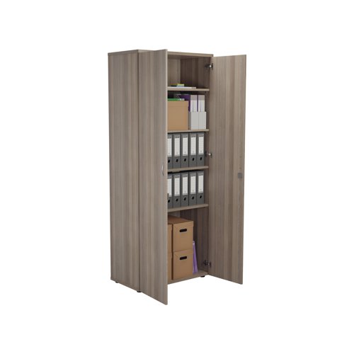 This Jemini Cupboard provides a convenient storage solution for organised office filing. Complete with four shelves, this cupboard is suitable for filing and storing lever arch and box files. The cupboard measures W800 x D450 x H2000mm and comes in a grey oak finish to complement the Jemini furniture range.