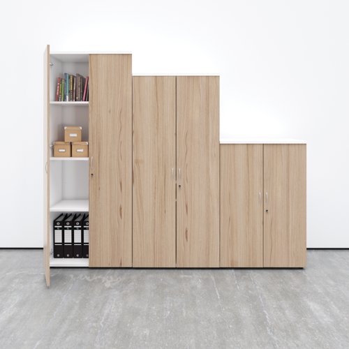 This Jemini Cupboard provides a convenient storage solution for organised office filing. Complete with four shelves, this cupboard is suitable for filing and storing lever arch and box files. The cupboard measures W800 x D450 x H2000mm and comes in a white finish with grey oak doors to complement the Jemini furniture range.