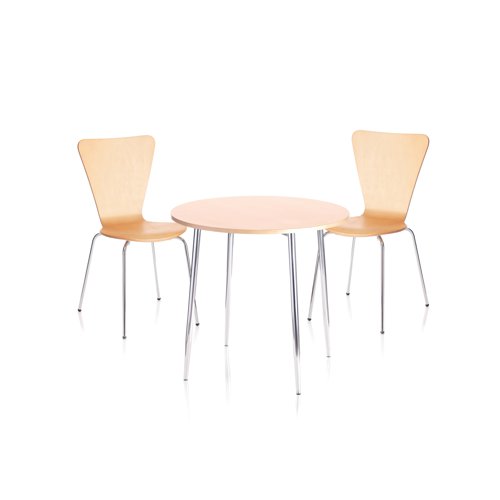 This stylish and sturdy four-leg table offers fantastic support and is suited to everyday use. The round table top has an elegant beech veneer, which is easy to wipe for a quick and efficient clean-up. Four chrome legs provide stability as well as style, with rubber feet on the bottom of each to prevent marks and scratches on the floor. Perfect for breakout areas, this table has an 800mm diameter and is 740mm high.