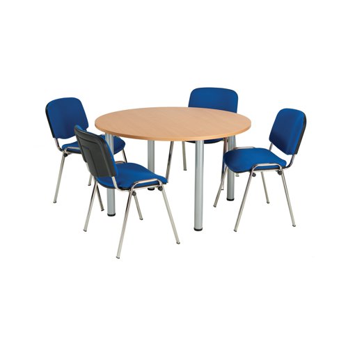 This Jemini Circular Meeting Table features four tubular metal legs with a 25mm thick MFC desktop finished in beech. Ideal for meeting rooms, breakout areas, canteens and more, this circular table has a 1200mm diameter and is 730mm high.