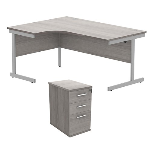 Astin Radial Left Hand SU Desk +Desk High Pedestal 1600x1200 Alaskan Grey Oak/Silver KF820127