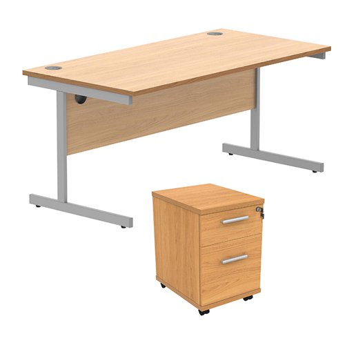 Astin Rectangular Desk 1600x800x730mm +2Drw Under Desk Pedestal Norwegian Beech/Silver KF820167