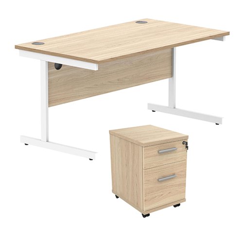 Astin Rectangular Desk 1600x800x730mm +2Drw Under Desk Pedestal Canadian Oak/Silver KF820187