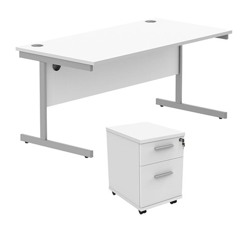 Astin Rectangular Desk 1600x800x730mm +2Drw Under Desk Pedestal Arctic White/Silver KF820207