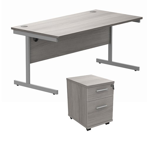 Astin Rectangular Desk 1600x800x730mm +2Drw Under Desk Pedestal Alaskan Grey Oak/Silver KF820227