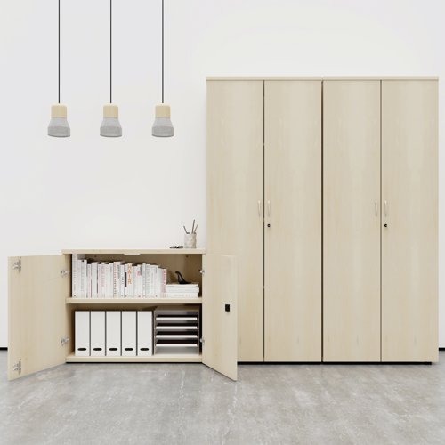 This First Cupboard provides a convenient storage solution for organised office filing. Complete with four shelves, this cupboard is suitable for filing and storing lever arch and box files. The cupboard measures W800 x D450 x H1800mm and comes in a nova oak finish to complement the First furniture range.