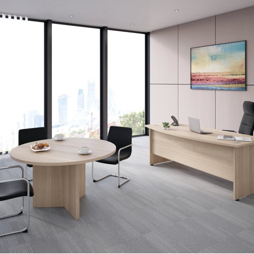 This Avior bow-fronted executive desk has a premium wood finish with chrome detailing and a 36mm heat and stain-resistant desktop. This stylish and well designed desk with built in modesty board allows you to work in complete comfort at all times. Spacious and with dual cable ports, it can accommodate all your computer equipment without the wires getting in your way. The built in modesty board offers additional protection and is perfect for open plan offices.