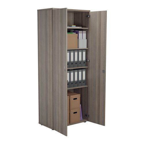 This Jemini Cupboard provides a convenient storage solution for organised office filing. Complete with lockable doors to protect your valuable files or possessions. With a one-piece MFC back panel and one shelf. The cupboard measures 800 x 450 x 2000mm and comes in a grey oak finish to complement the Jemini furniture range.