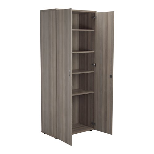 This Jemini Cupboard provides a convenient storage solution for organised office filing. Complete with lockable doors to protect your valuable files or possessions. With a one-piece MFC back panel and one shelf. The cupboard measures 800 x 450 x 2000mm and comes in a grey oak finish to complement the Jemini furniture range.