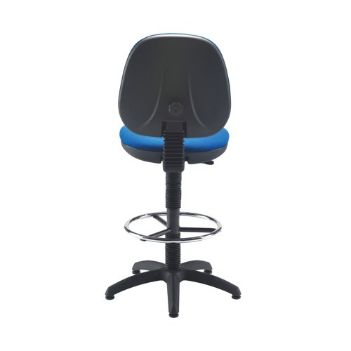 This Jemini entry level draughtsman chair has an adjustable seat height of 720-840mm, with a metal foot ring for comfort, perfect for working at high desks and workbenches. The fixed back mechanism allows you to adjust the height and depth of the medium back rest for improved comfort for up to 5 hours use. The chair is upholstered in blue fabric and comes on a black five star base.