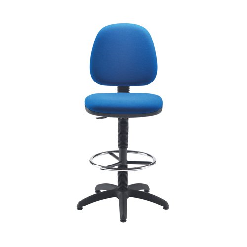 This Jemini entry level draughtsman chair has an adjustable seat height of 720-840mm, with a metal foot ring for comfort, perfect for working at high desks and workbenches. The fixed back mechanism allows you to adjust the height and depth of the medium back rest for improved comfort for up to 5 hours use. The chair is upholstered in blue fabric and comes on a black five star base.