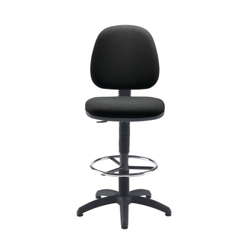 This Jemini entry level draughtsman chair has an adjustable seat height of 720-840mm, with a metal foot ring for comfort, perfect for working at high desks and workbenches. The fixed back mechanism allows you to adjust the height and depth of the medium back rest for improved comfort for up to 5 hours use. The chair is upholstered in charcoal fabric and comes on a black five star base.
