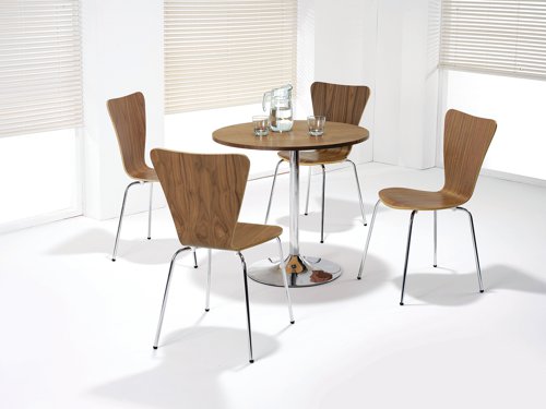 This stylish and elegant bistro table has a modern, contemporary design and a smooth, round table top for multiple users. A long, chrome stem runs all the way down to a circular base for a sleek and durable finish. The walnut veneer top has a diameter of 800mm and wipes clean easily for quick and efficient cleaning.