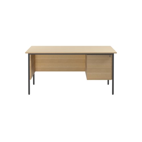 This 4 Leg desk from the Serrion range features an 18mm thick desktop with sturdy metal legs. The simple design is suitable for use at home or in the office. The desk has a contemporary Ferrera Oak finish and comes with a modesty panel and 2 drawer pedestal included as standard. This desk measures 1500x750x730mm.