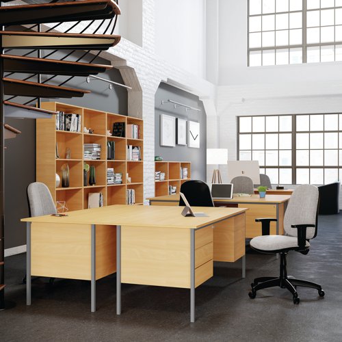 This 4 Leg desk from the Serrion range features an 18mm thick desktop with sturdy metal legs. The simple design is suitable for use at home or in the office. The desk has a contemporary Ferrera Oak finish and comes with a modesty panel and 3 Drawers pedestal included as standard. This desk measures 1500x750x730mm.