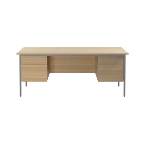 This 4 Leg desk from the Serrion range is a spacious desk complete with modesty panel, 2 drawer and 3 drawer pedestal as standard. The desk features an 18mm thick MDF desktop with sturdy metal legs. The simple design is Suitable for use at home or in the office. The rectangular shape allows you to fit together multiple desks. The desk has a contemporary Ferrera Oak finish and measures 1800x750x730mm.