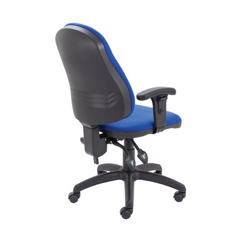 This Operator Chair has a high back for improved comfort and posture for up to 8 hours at your desk. The back height and angle is adjustable and can be either fixed or free floating. The seat height is also adjustable from 460mm to 590mm. The padded seat and back are upholstered in blue fabric and the chair comes on a black plastic 5 castor base (an optional chrome base is available separately).