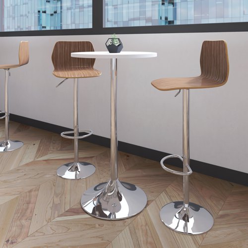 This stylish and elegant bistro table has a modern, contemporary design that enhances any room it sits in. A smooth, round table top allows multiple people to sit around it while a long, chrome stem runs all the way down to a circular base. Made from durable material, it is not only sleek but durable as well, making it perfect for heavy, frequent use. The white top wipes clean easily for quick and efficient cleaning.