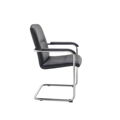 Featuring a bright chrome cantilever base contrasted with black leather look upholstery, these contemporary leather look visitor's chairs makes a stylish addition to any office. Supplied complete with leather look armpads for comfort.