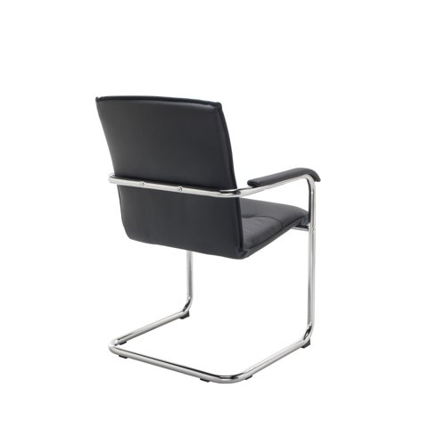 Featuring a bright chrome cantilever base contrasted with black leather look upholstery, these contemporary leather look visitor's chairs makes a stylish addition to any office. Supplied complete with leather look armpads for comfort.