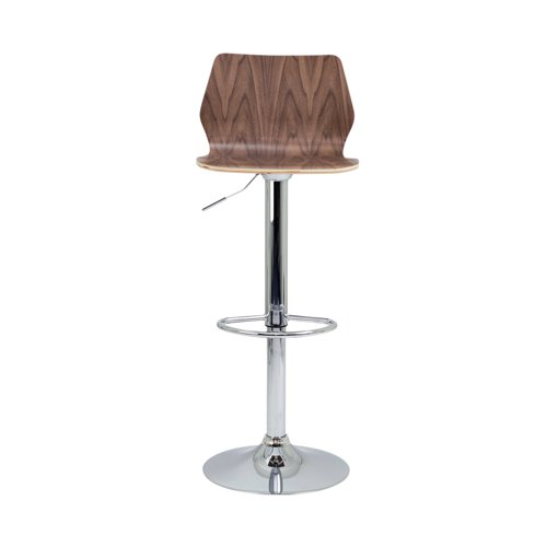 KF90510 | This wood veneer high stool is ideal for use in bistros, cafes and break-out areas. It has a chrome stand and foot ring with height adjustable gas stem, with a fixed back. Comes with a 5-year guarantee.
