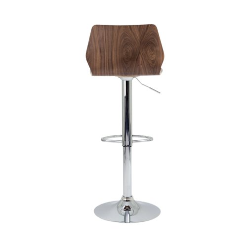 KF90510 | This wood veneer high stool is ideal for use in bistros, cafes and break-out areas. It has a chrome stand and foot ring with height adjustable gas stem, with a fixed back. Comes with a 5-year guarantee.