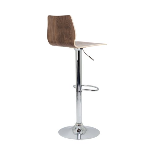 This wood veneer high stool is ideal for use in bistros, cafes and break-out areas. It has a chrome stand and foot ring with height adjustable gas stem, with a fixed back.